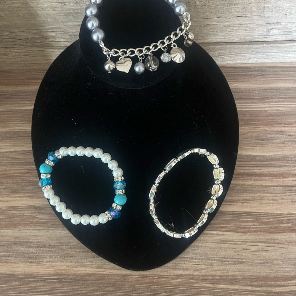 Silver and Blue Beaded Bracelet Set
